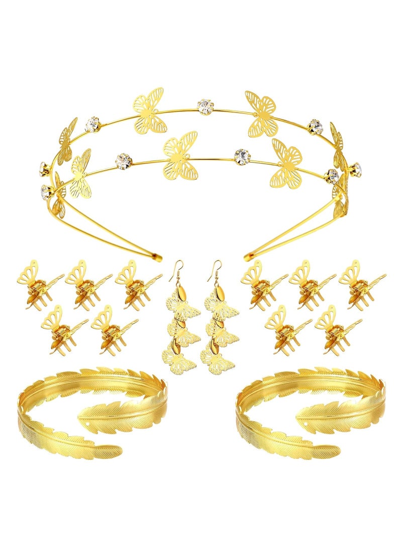 SYOSI 15 قطعة من ملحقات زي إلهة اليونان، تاج زفاف من أوراق ذهبية، عصابة رأس، سوار، أقراط لؤلؤ ودبابيس شعر، ملحقات زي إلهة يونانية رومانسية (نمط فراشة) - Image 1