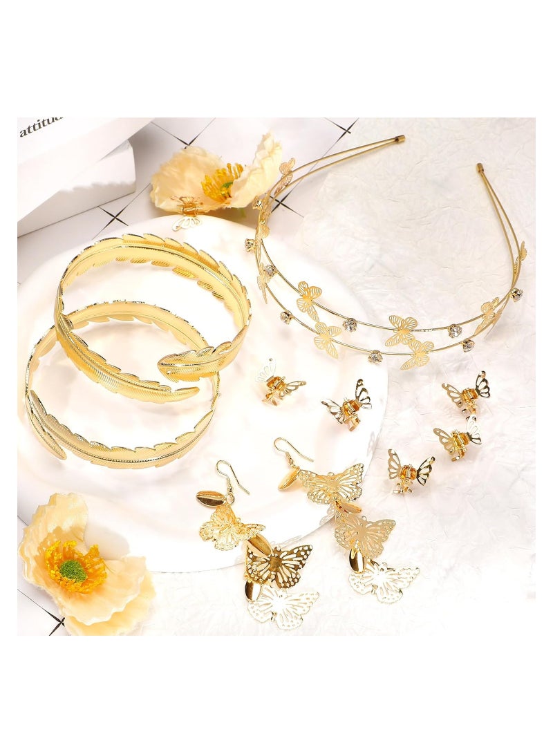 SYOSI 15 قطعة من ملحقات زي إلهة اليونان، تاج زفاف من أوراق ذهبية، عصابة رأس، سوار، أقراط لؤلؤ ودبابيس شعر، ملحقات زي إلهة يونانية رومانسية (نمط فراشة) - Image 4