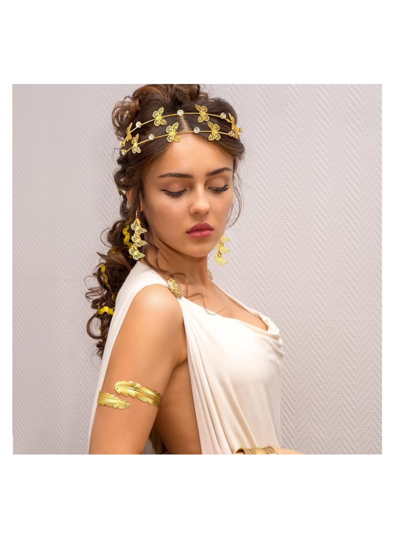 SYOSI 15 قطعة من ملحقات زي إلهة اليونان، تاج زفاف من أوراق ذهبية، عصابة رأس، سوار، أقراط لؤلؤ ودبابيس شعر، ملحقات زي إلهة يونانية رومانسية (نمط فراشة) - Image 2