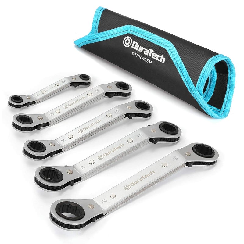 DURATECH Ratchet Spanner Set, Reversible Double Ring Ratchet Spanner Set, 25-Degree Offset Ratchet Box-end Wrench Crooked for Narrow Spaces, 5-Piece, Metric, 6mm-21mm, with Carry Pouch - Image 1