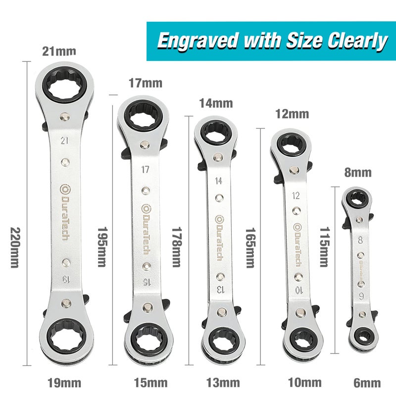 DURATECH Ratchet Spanner Set, Reversible Double Ring Ratchet Spanner Set, 25-Degree Offset Ratchet Box-end Wrench Crooked for Narrow Spaces, 5-Piece, Metric, 6mm-21mm, with Carry Pouch - Image 2