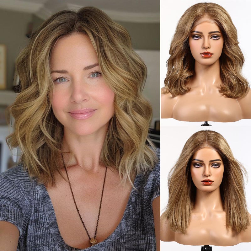 starluck Wigs Human Hair Lace Front Wigs Human Hair for Women Mixed Brown Pelucas De Mujer Pelo Humano 16 Inch Wavy Realistic and Natural Daily Wear