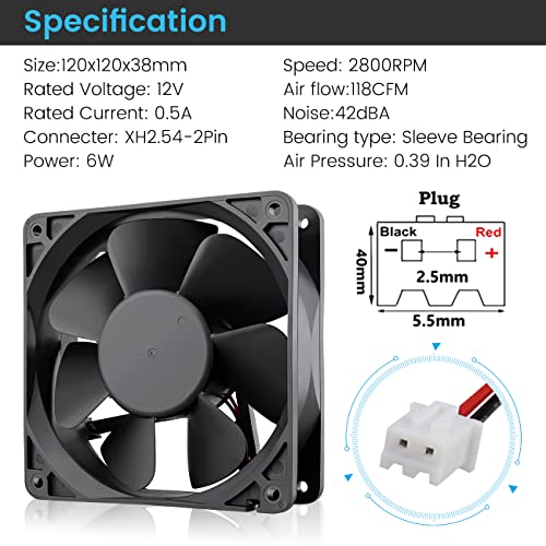 Wathai 2Pin 120mm x 38mm Brushless Cooling Case Fan 12V 2pin DC High Airflow Cooler Fan - Image 2