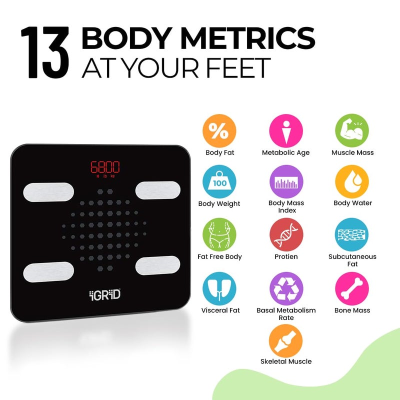 iGRiD Smart Bluetooth BMI Weight Machine for Body Weight, 13 Essential Parameters with ALFit App, Body Fat Analyzer, Full Body Composition Scale with LED Light, Lightweight & Portable, 1-Year Warranty - Image 2