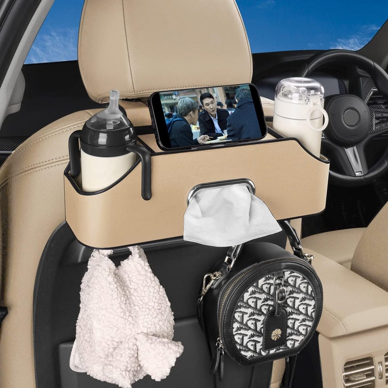 HALOYIVGO Car Seat Back Organizer - Stylish & Functional Storage for Family Adventures - Cup Holders, Tissue Box & Hooks - Perfect for Kids, Road Trips & Travel (Beige) - Image 4