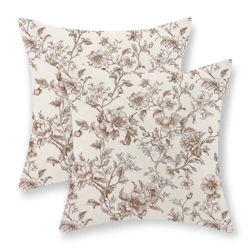 GOLIANDA Brown Pillow Covers 16x16 Set of 2 Brown and Cream Floral Chinoiserie Throw Pillows Vintage Rustic Toile Flower Decorative Pillow Cases Outdoor Chinoiserie Decor Cushion Case for Couch Sofa - Image 1