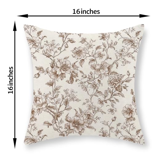 GOLIANDA Brown Pillow Covers 16x16 Set of 2 Brown and Cream Floral Chinoiserie Throw Pillows Vintage Rustic Toile Flower Decorative Pillow Cases Outdoor Chinoiserie Decor Cushion Case for Couch Sofa - Image 3