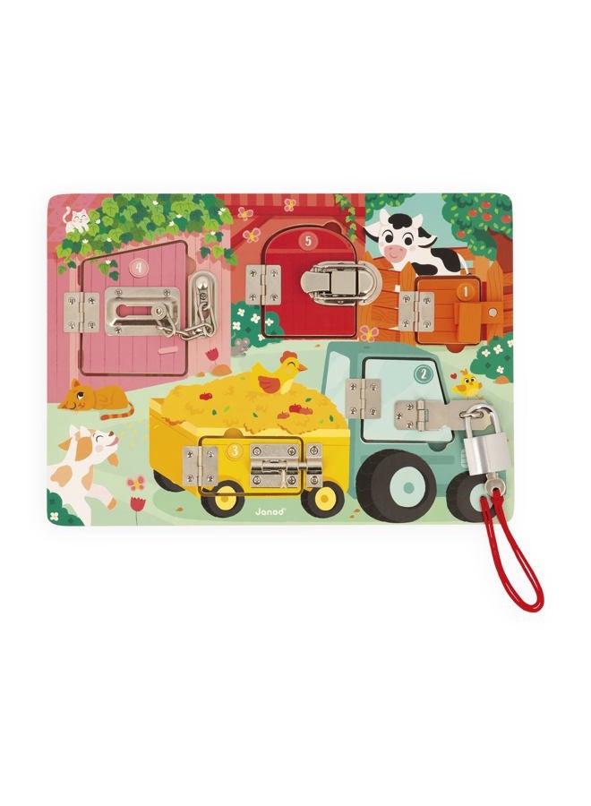 Janod Animal Board with Locks, The Farm Activity Board, 5 Castle Types Toy Made of FSC Wood, from 3 Years, J07119, Multicoloured, Small - Image 1