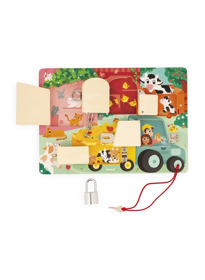 Janod Animal Board with Locks, The Farm Activity Board, 5 Castle Types Toy Made of FSC Wood, from 3 Years, J07119, Multicoloured, Small - Image 3