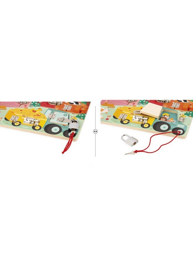 Janod Animal Board with Locks, The Farm Activity Board, 5 Castle Types Toy Made of FSC Wood, from 3 Years, J07119, Multicoloured, Small - Image 4