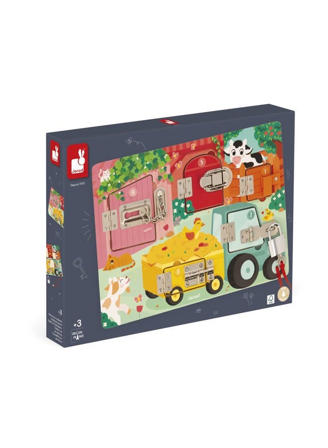 Janod Animal Board with Locks, The Farm Activity Board, 5 Castle Types Toy Made of FSC Wood, from 3 Years, J07119, Multicoloured, Small - Image 2