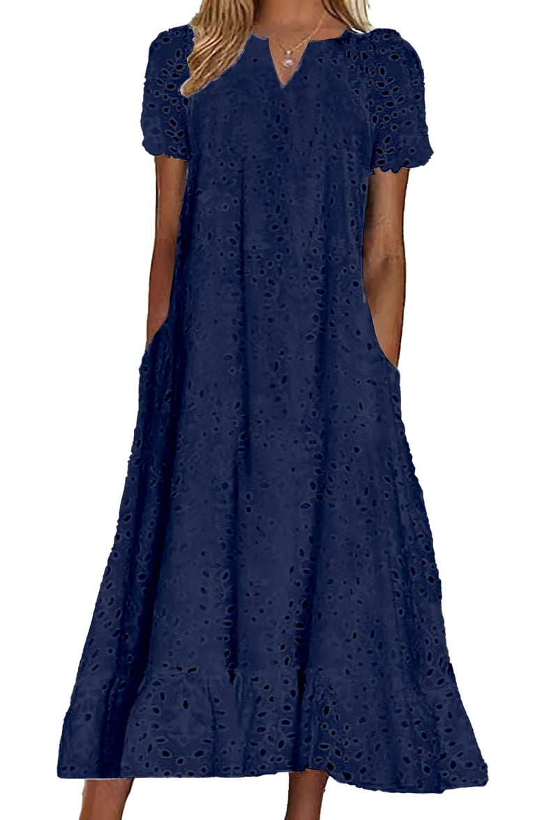 chouyatou Women Summer Ruffle Hem Floral Lace Eyelet Dress Casual Notch Neck Midi Tunic Dress with Pocket (Large, Navy Blue) - Image 1