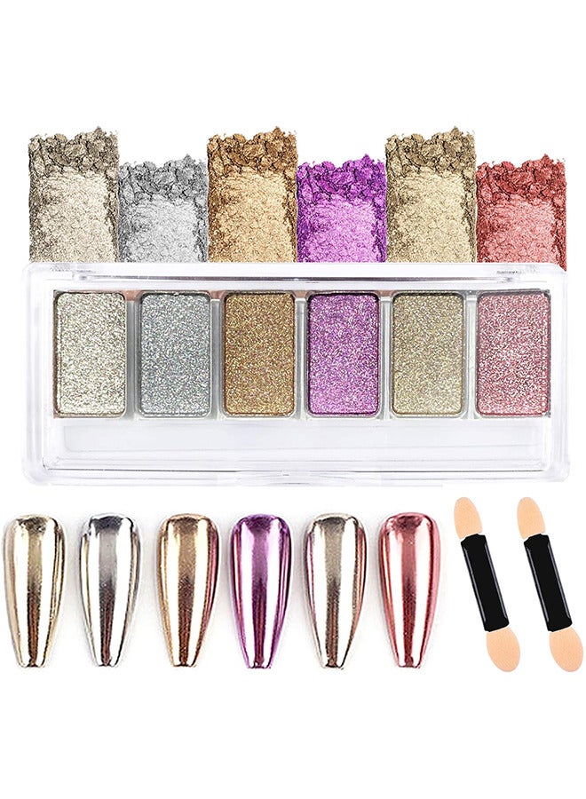 6 Colors Chrome Nail Powder, Holographic Metallic Mirror Effect Nail Art Powder, Gold Rose Pink Nail Pigment Glitter Powder With 2PCS Eyeshadow Sticks For Salon DIY Nail Art Supplies - Image 1
