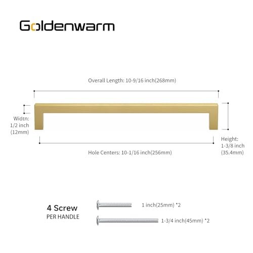 Goldenwarm Gold Drawer Pulls 10in Brass Hardware for Cabinets LSJ12GD256 Modern Square Bar Pulls for Cabinets Brushed Brass Drawer Handles 10 Pack Closet Door Hardware - Image 3