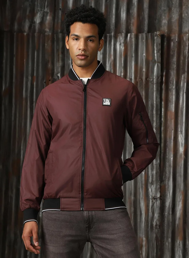 Men's Wine 100% Polyester Solid Relaxed Fit Jacket