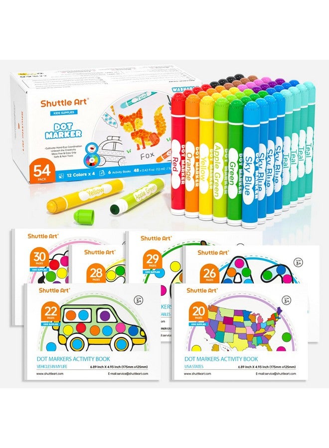 Shuttle Art 48 Pack Washable Dot Markers, 12 Assorted Colors with 6 Activity Books, Fun Art Supplies for Kids Toddlers, Non Toxic Water-Based Paint Daubers, 4 Sets x 12 Colors Dot Markers - Image 1