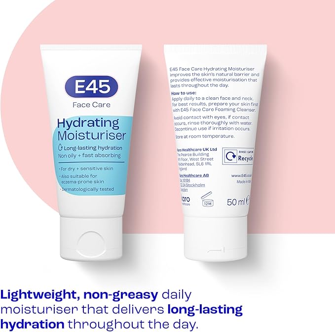 E45 Face Moisturiser Hydrating Face Cream for LongLasting Moisturisation Lightweight Cream for Dry and Sensitive Skin FastAbsorbing and NonGreasy Formula Dermatologically Tested 50ml - Image 2