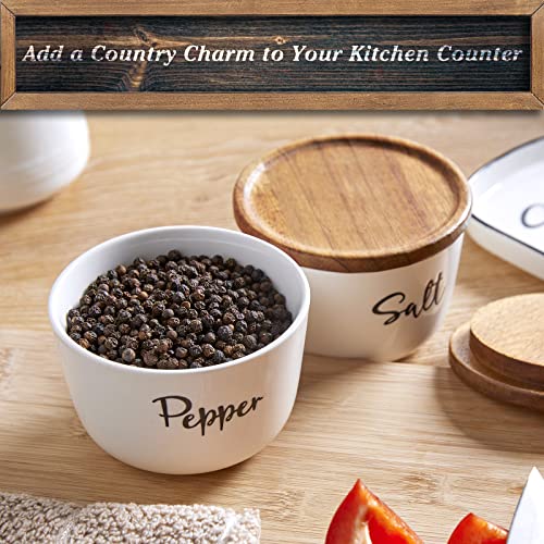 DAYYET Salt and Pepper Bowls, 10 oz Salt Cellar with Lid, Stacked Ceramic Salt Pepper Container with Acacia Wood Lid, Salt Box for Countertop, Modern Kitchen Decor, Set of 2, White - Image 2