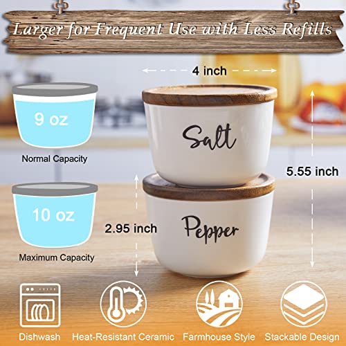 DAYYET Salt and Pepper Bowls, 10 oz Salt Cellar with Lid, Stacked Ceramic Salt Pepper Container with Acacia Wood Lid, Salt Box for Countertop, Modern Kitchen Decor, Set of 2, White - Image 3