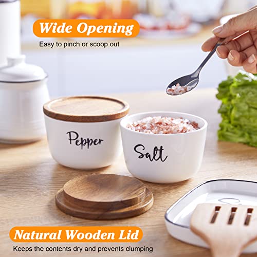 DAYYET Salt and Pepper Bowls, 10 oz Salt Cellar with Lid, Stacked Ceramic Salt Pepper Container with Acacia Wood Lid, Salt Box for Countertop, Modern Kitchen Decor, Set of 2, White - Image 4
