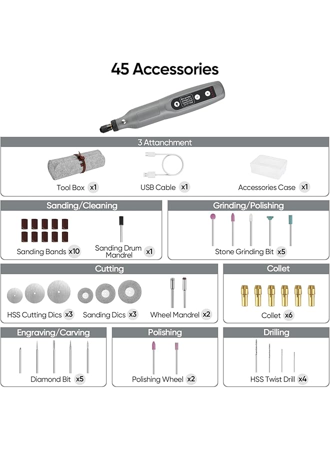 إيروريكس مجموعة أدوات دوارة لاسلكية بخمس سرعات متغيرة وكابل شحن يو إس بي، أدوات دوارة صغيرة بقوة 3.7 فولت مع 45 قطعة من الملحقات للقطع والحفر والصنفرة والنقش والتلميع والحرف اليدوية باللون الرمادي - Image 5