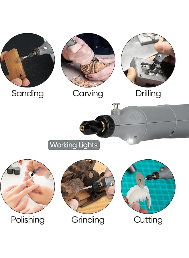 إيروريكس مجموعة أدوات دوارة لاسلكية بخمس سرعات متغيرة وكابل شحن يو إس بي، أدوات دوارة صغيرة بقوة 3.7 فولت مع 45 قطعة من الملحقات للقطع والحفر والصنفرة والنقش والتلميع والحرف اليدوية باللون الرمادي - Image 3