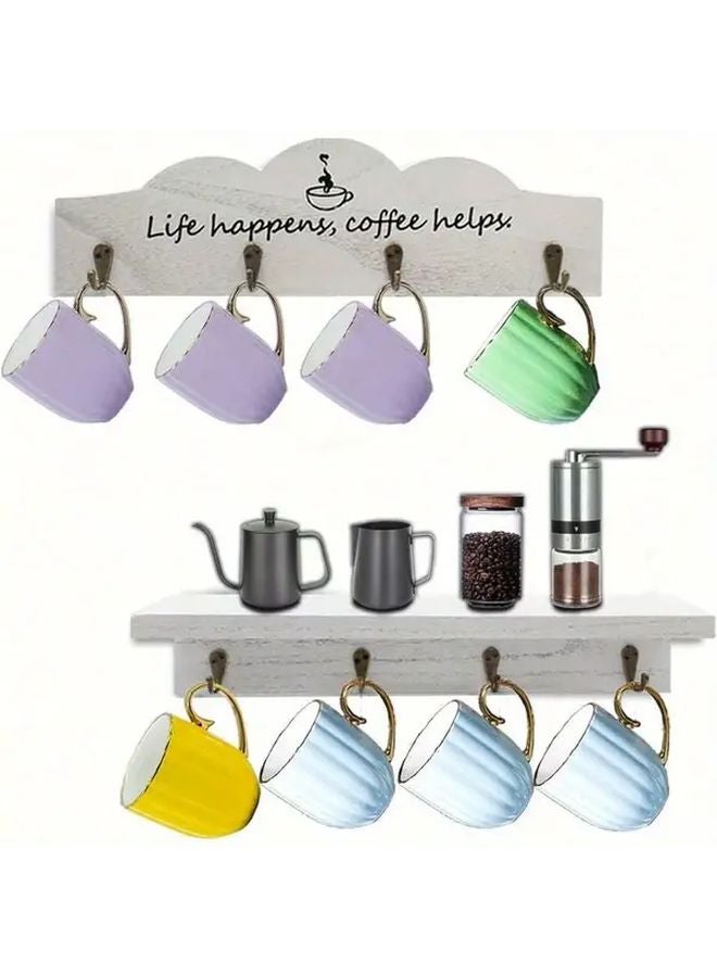 White Wooden Mug Holder With Golden Hooks Farmhouse Kitchen Decor Coffee Station - Image 1