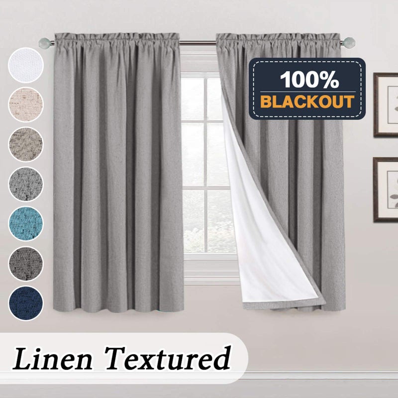 PrinceDeco 100% Blackout Curtains Primitive Linen Textured Curtain Drapes for Bedroom Full Light Blocking Window Curtains Draperies for Living Burlap Fabric Soft with White Liner (52"W x 63"L, Light Grey) - Image 3