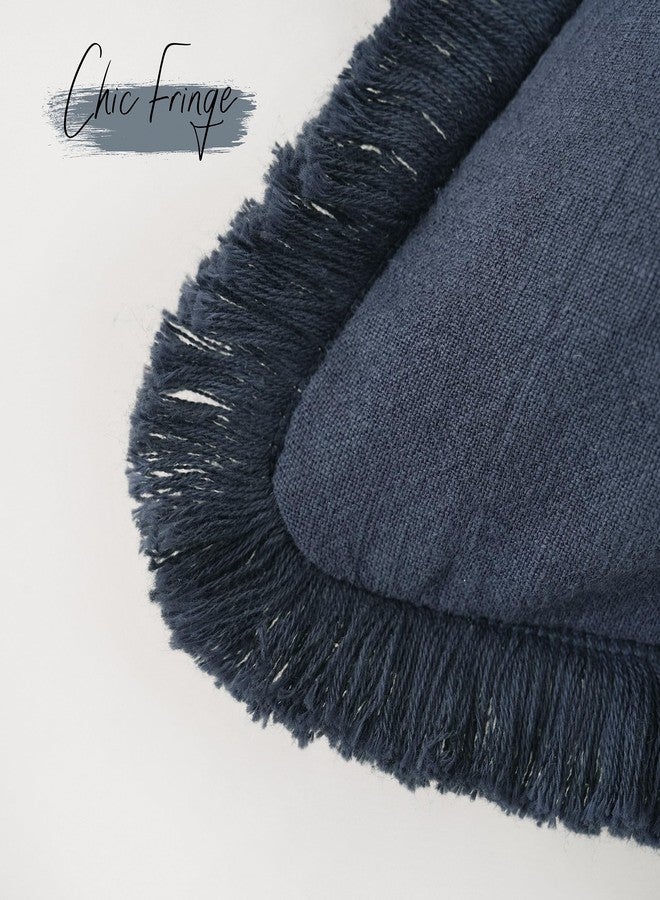 Foindtower Set of 2 Decorative Linen Fringe Throw Pillow Covers Cozy Boho Farmhouse Cushion Cover with Tassels Soft Accent Pillowcase for Couch Sofa Bed Living Room Home Decor, 26×26 Inch, Navy Blue - Image 3