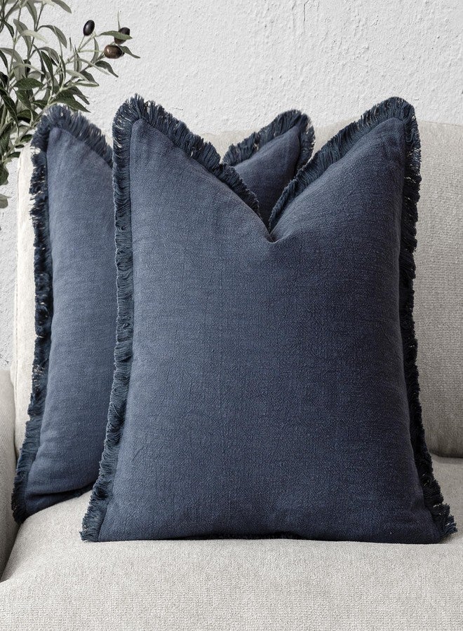 Foindtower Set of 2 Decorative Linen Fringe Throw Pillow Covers Cozy Boho Farmhouse Cushion Cover with Tassels Soft Accent Pillowcase for Couch Sofa Bed Living Room Home Decor, 26×26 Inch, Navy Blue - Image 1