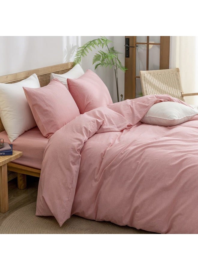 BESTOUCH Duvet Cover Set 100% Washed Cotton Linen Feel Super Soft Comfortable Chic Lightweight 3 PCs Home Bedding Set Solid Red Pink King - Image 2