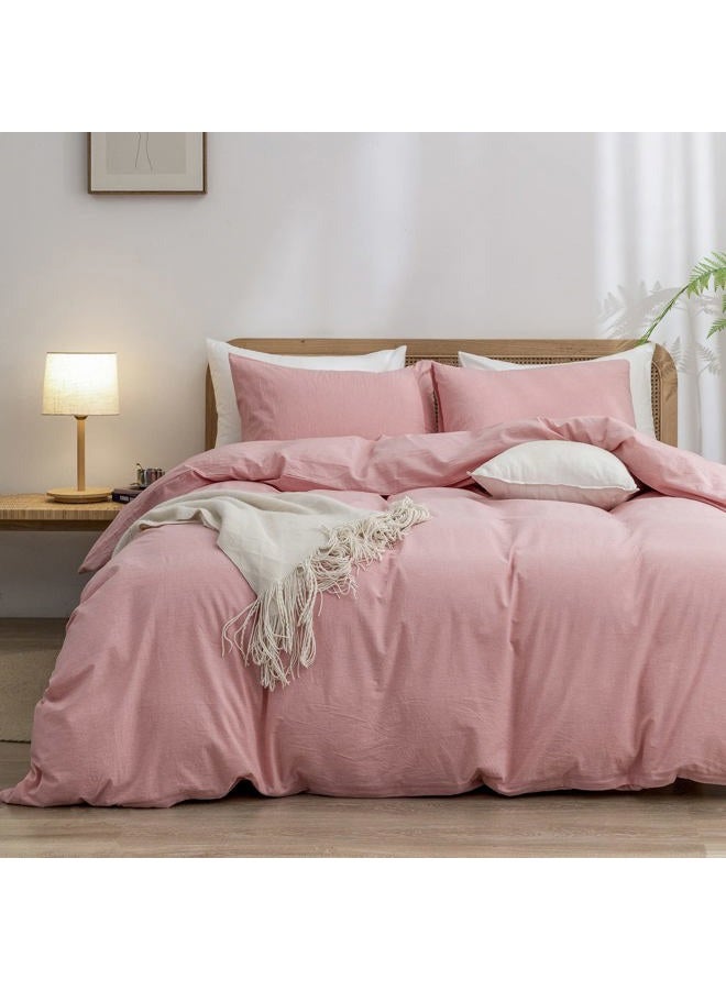 BESTOUCH Duvet Cover Set 100% Washed Cotton Linen Feel Super Soft Comfortable Chic Lightweight 3 PCs Home Bedding Set Solid Red Pink King - Image 1