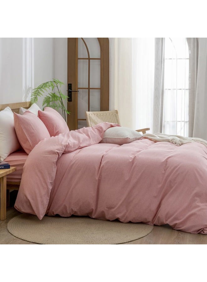 BESTOUCH Duvet Cover Set 100% Washed Cotton Linen Feel Super Soft Comfortable Chic Lightweight 3 PCs Home Bedding Set Solid Red Pink King - Image 3
