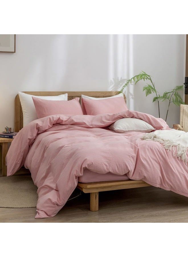 BESTOUCH Duvet Cover Set 100% Washed Cotton Linen Feel Super Soft Comfortable Chic Lightweight 3 PCs Home Bedding Set Solid Red Pink King - Image 4