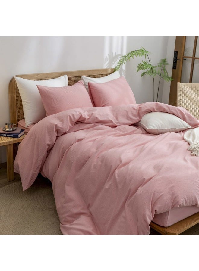 BESTOUCH Duvet Cover Set 100% Washed Cotton Linen Feel Super Soft Comfortable Chic Lightweight 3 PCs Home Bedding Set Solid Red Pink King - Image 5