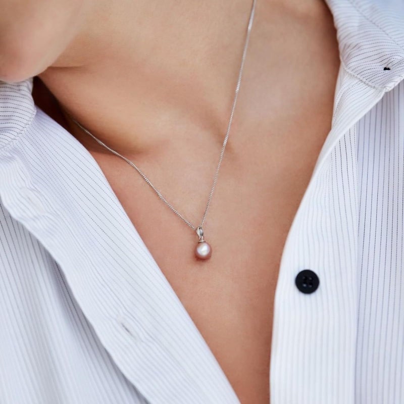 The Pearl Source 8mm Pink Freshwater Pearl Pendant Sydney Necklace for Women - Cultured Pearl Necklace | Single Pearl Necklace for Women with 925 Sterling Silver Chain - Image 3