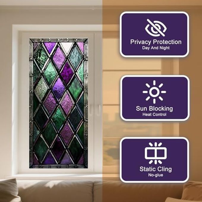 IVN Privacy Window Film Stained Glass Window Cling Purple Green Diamond Pattern Decorative Static Cling Window Sticker for Bathroom Kitchen Entry Door 17.7 x 39.3 Inch - Image 5