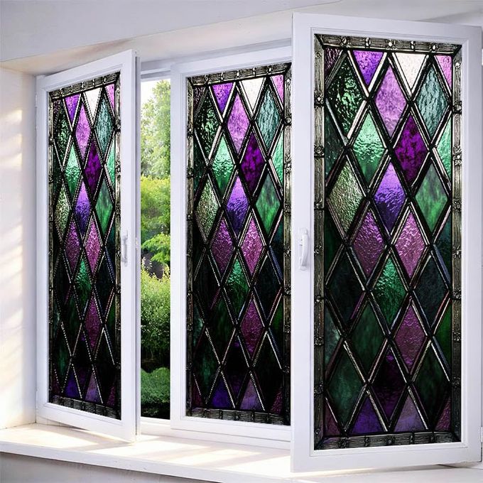 IVN Privacy Window Film Stained Glass Window Cling Purple Green Diamond Pattern Decorative Static Cling Window Sticker for Bathroom Kitchen Entry Door 17.7 x 39.3 Inch - Image 1