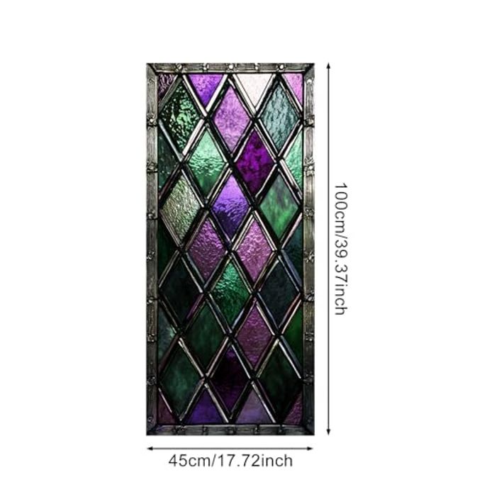 IVN Privacy Window Film Stained Glass Window Cling Purple Green Diamond Pattern Decorative Static Cling Window Sticker for Bathroom Kitchen Entry Door 17.7 x 39.3 Inch - Image 3