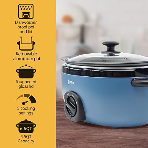 I-Cook ICOOK USC-65-OP001BL 6.5 Quart Slow Cooker,Aluminium Sear/Sauté Stew Pot Stovetop safe,Dishwasher Safe,Glass Lid,Adjustable Temp,Food Warmer(Blue) - Image 2