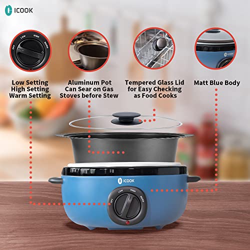 I-Cook ICOOK USC-65-OP001BL 6.5 Quart Slow Cooker,Aluminium Sear/Sauté Stew Pot Stovetop safe,Dishwasher Safe,Glass Lid,Adjustable Temp,Food Warmer(Blue) - Image 4