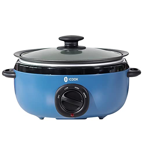 I-Cook ICOOK USC-65-OP001BL 6.5 Quart Slow Cooker,Aluminium Sear/Sauté Stew Pot Stovetop safe,Dishwasher Safe,Glass Lid,Adjustable Temp,Food Warmer(Blue) - Image 1