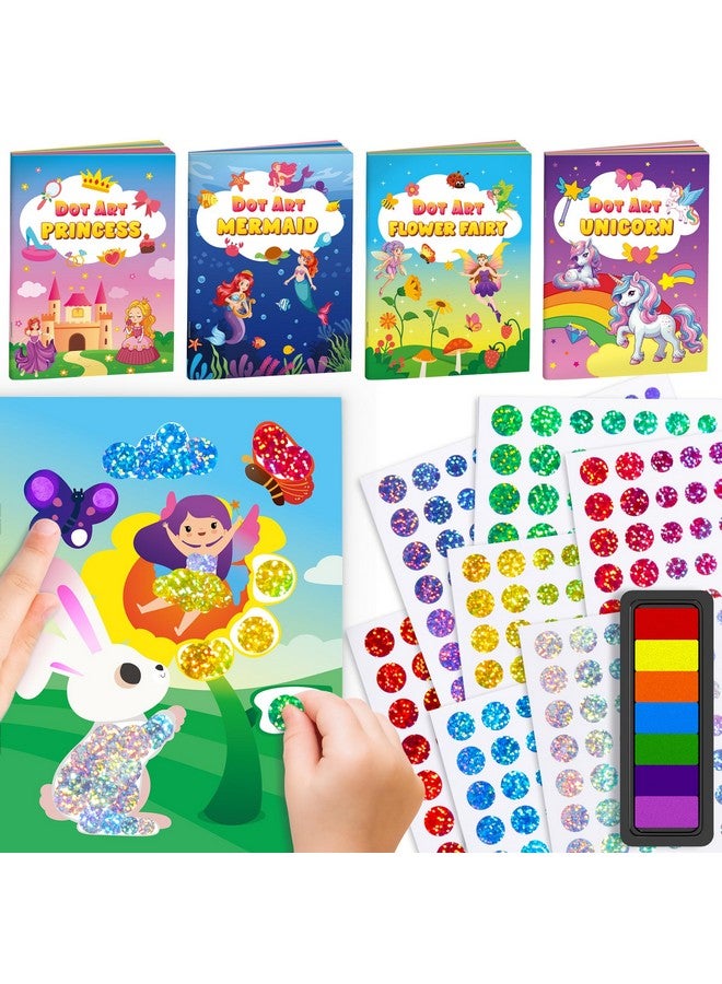 D-FantiX Dot Art Sticker Book Kits with Ink Pad, Mess-Free Finger Painting for Toddlers, Unicorn, Princess, Mermaid, Flower Fairy Arts and Crafts, Kids Travel Activities - Image 1