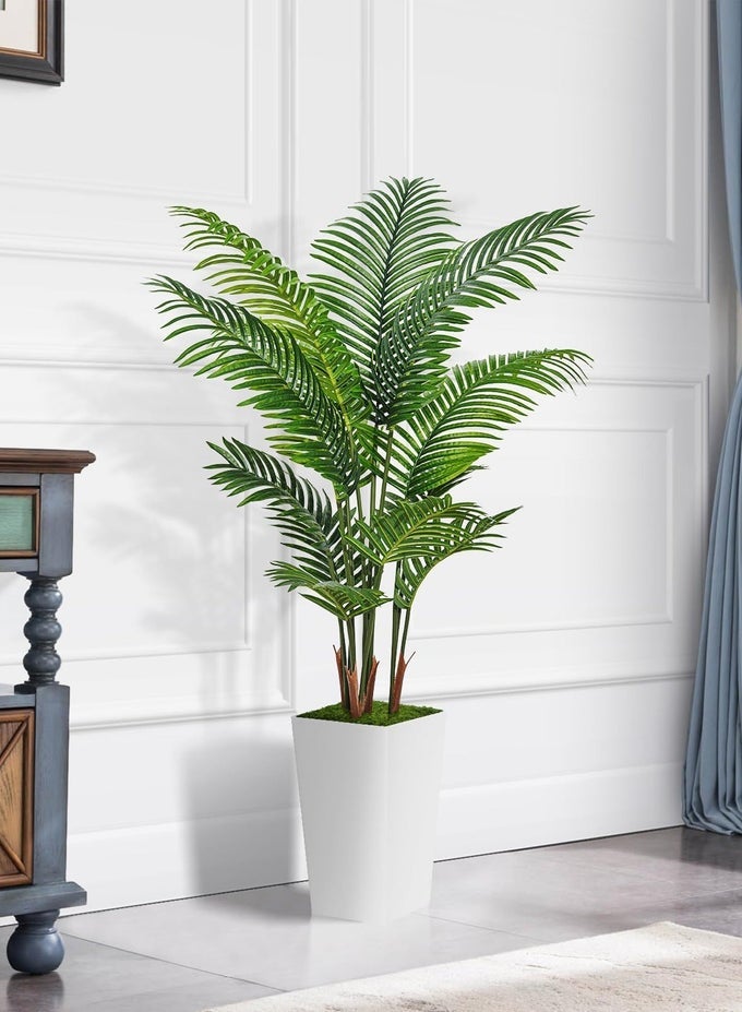 ARTIFICIAL PALM TREE 150CM - FAKE TREE WITH WHITE TALL PLANTER - FAUX TROPICAL ARECA FLOOR PLANT IN POT - ARTIFICIAL SILK PLANT FOR HOME OFFICE LIVING ROOM DECOR INDOOR