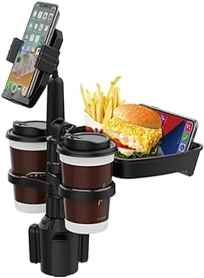 Car Cup Holder with Phone Holder and Detachable Rotating Food Tray Plus 2 Small Cup Slots and Large Cup Slot/CUP-B06