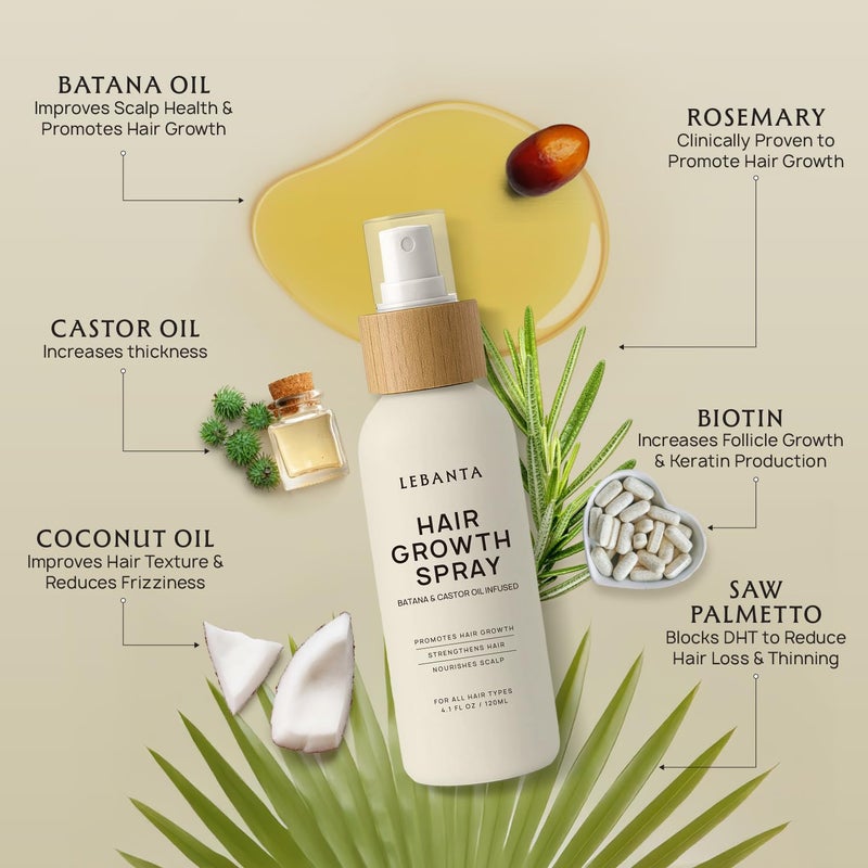 Lebanta Hair Growth Oil Spray - 100% Pure Ingredients For Non Greasy, Thicker & Stronger Hair - Organic Batana, Castor, Biotin, Saw Palmetto, and Rosemary Oil Gifts Women Scalp (4.1 Fl Oz (Pack of 1)) - Image 3