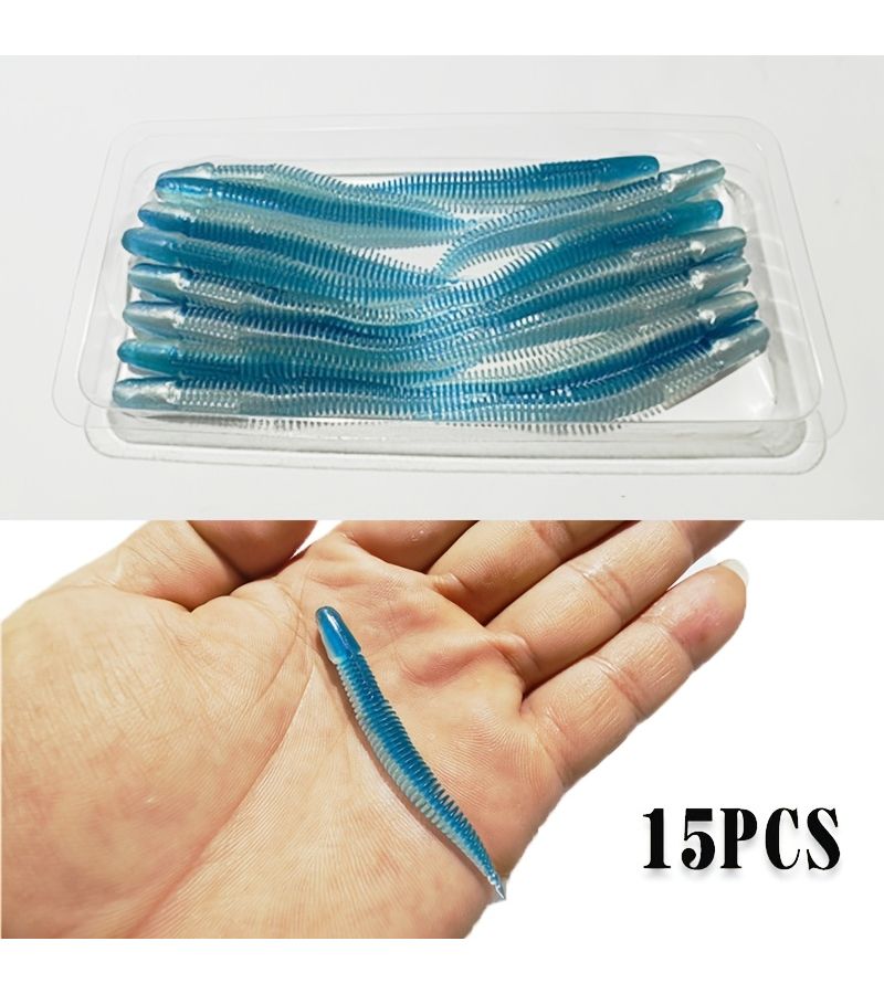 15 Blue Soft Plastic Worm Lures 6.5cm Fishing Bait for Bass Trout Freshwater Saltwater - Image 2