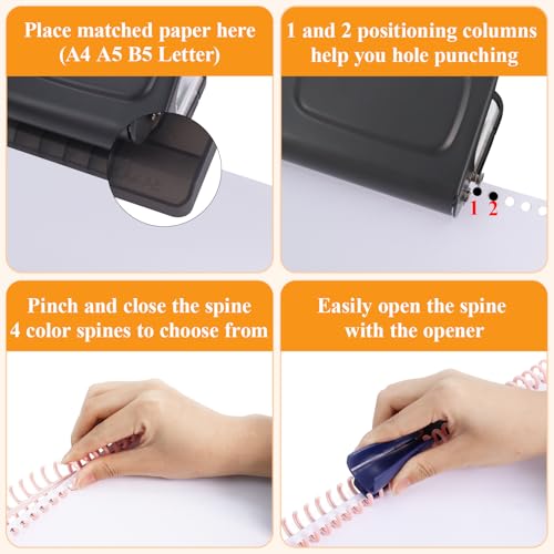 Hoqqf 10 Hole Punch Binding Machine for Planners with 10 Multi-Color Binder Rings,30 Holes on A4,20 Holes on A5,26 Holes on B5,10 Sheet Capacity (Black) - Image 4