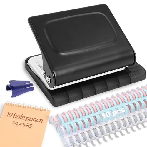 Hoqqf 10 Hole Punch Binding Machine for Planners with 10 Multi-Color Binder Rings,30 Holes on A4,20 Holes on A5,26 Holes on B5,10 Sheet Capacity (Black) - Image 1