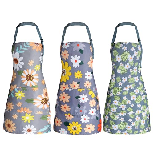 IHFAIO Apron for Women with Pockets Adjustable Waterproof Floral Chef Aprons for Kitchen Gardening Cooking BBQ or Baking 3Pcs 3 - Image 1